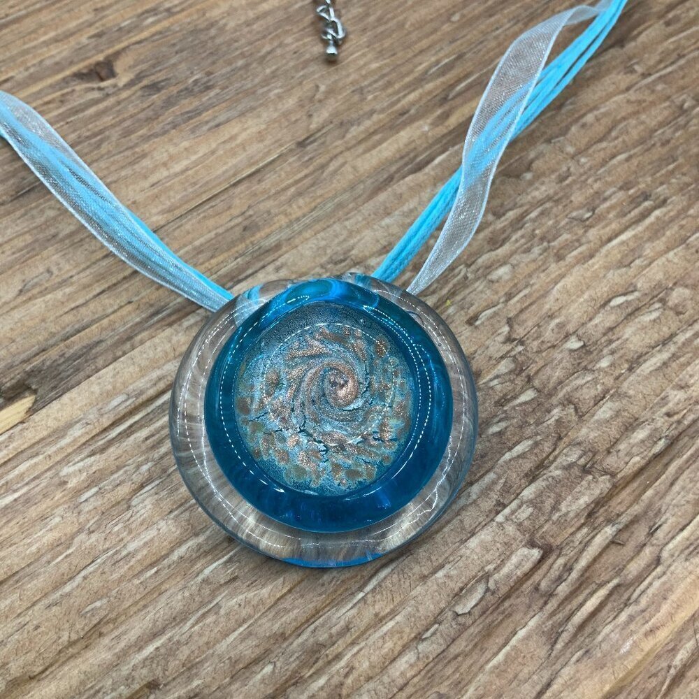 Murano Style Blown Glass Circle Blue Gold Pendant Ribbon Lace Necklace